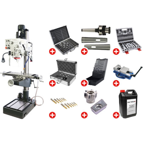Perceuse-fraiseuse à colonne percer jusque ø 32 mm CM4/M16 1,5 kW 400V table croisée pompe avec les accessoires essentiels Torros PF40CP PACK PRO