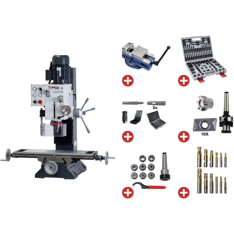 Torros - Perceuse-fraiseuse x 450 mm y 200 mm z 430 mm CM4/M16 1,1 kW 230V avec les accessoires essentiels pack PF45G 230V