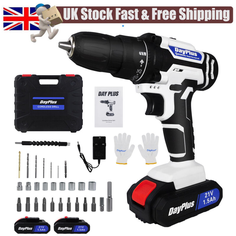 Perceuse électrique sans fil 21v tournevis ensemble de perceuse avec 2 piles, 1 chargeur, 1 gant (double), 29 forets, 1 boîte de rangement, 1 manuel