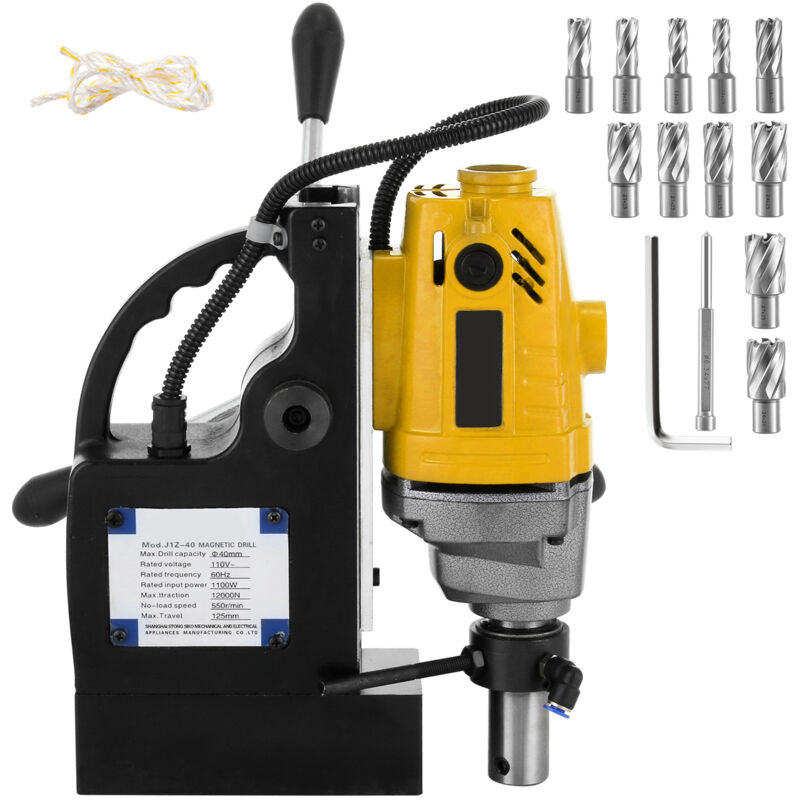 Perceuse magnétique électrique Mophorn MD40 1-1/2 po, perceuse 1100 w avec jeu de fraises hss 11 pièces, kit de fraises annulaires précises,