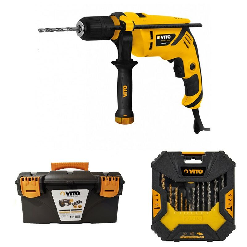 Perceuse à percussion 600W + Coffret à outils 50 pièces + Boîte à outils Vito