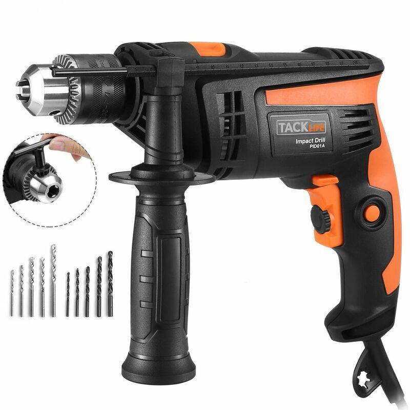 Perceuse Percussion, Perceuse à Percussion710W, 44800 ipm, 10pcs Kit d'Accessoires, Mandrin 13mm, Poignée Rotative à 360° - PID01A