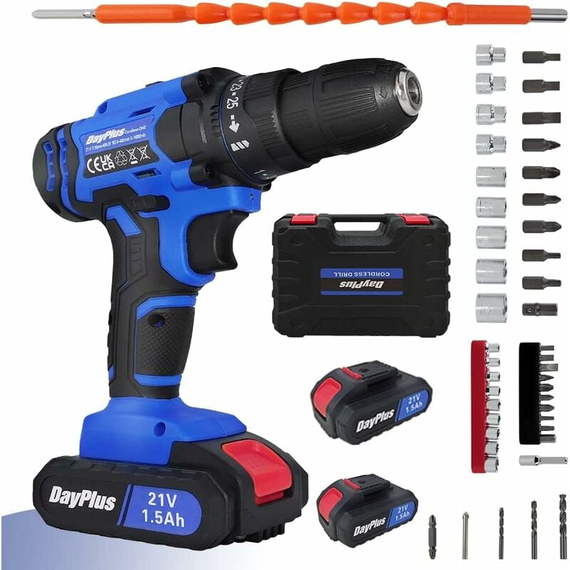 Perceuse à percussion professionnelle à batterie 21v (batterie 2x1.5ah incluse, ensemble de 26 accessoires)