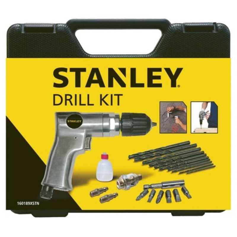 Stanley - Set de perceuse pneumatique avec perceuse réversible, 10 forets hss, 6 embouts de vissage, adaptateur, bouteille d'huile, mini-pompe à