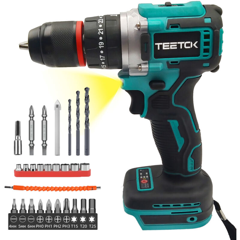 Perceuse, sans balais, conducteur de forage de marteau combi 18V sans fil 25 + 1 avec des ensembles de bit de forage (batterie non inclus),