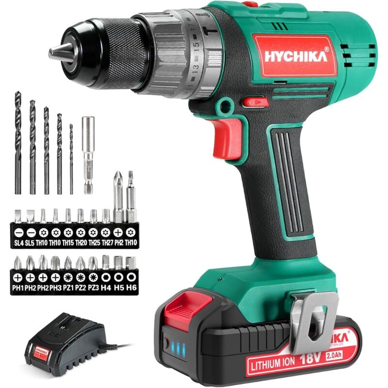 Perceuse Visseuse Sans Fil 18 v, Batterie Rechargeable 2 Ah, Perceuse à Percussion avec 27 Accessoires, 2 Vitesses, 21 + 3 Réglages de Couple, avec