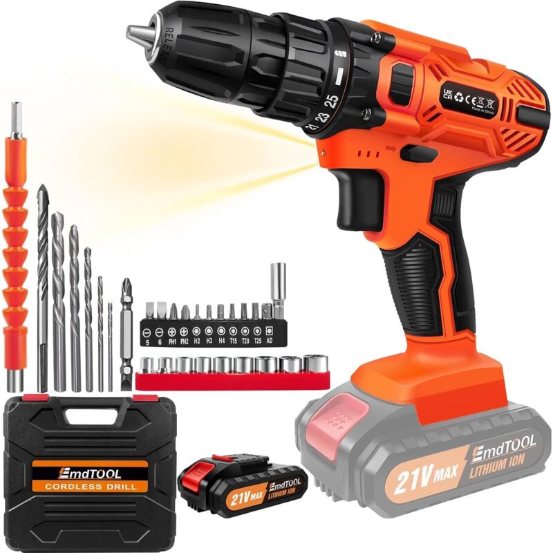 Perceuse sans fil 21V, perceuse combinée sans fil avec batterie 1500mAh, couple 25+1, perceuse électrique 45N. m Max, perceuse 29pcs 2 vitesses,