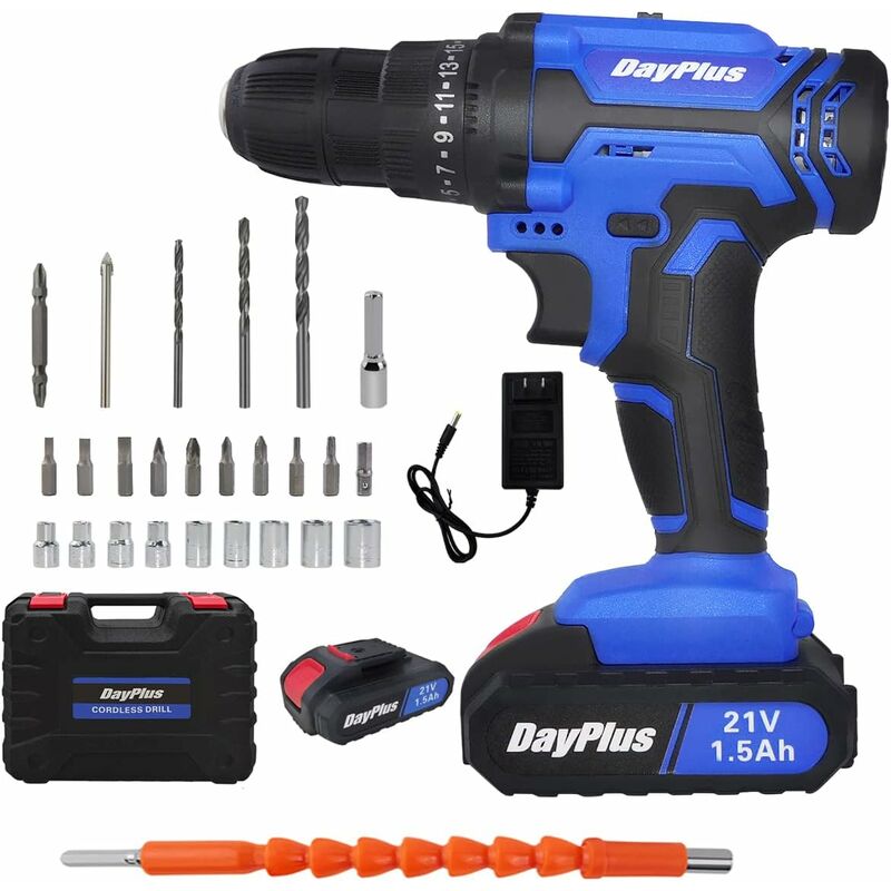 Day Plus - Perceuse sans fil 21v perceuse sans fil, ensemble de 26 perceuses sans fil avec 1 perceuse sans fil, 45nm, lampe led et boîtier