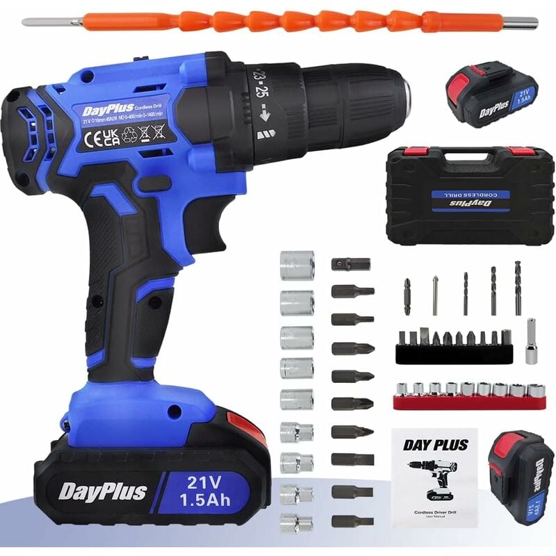 Perceuse sans fil 21v perceuse sans fil, ensemble de 26 perceuses sans fil avec perceuse sans fil 2x, 45nm, lampe led et boîtier