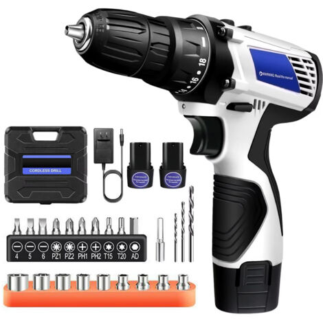 Perceuse sans fil 45 N·m 2 en 1 – visseuse électrique 1400 tr/min, kit d’outils multifonction avec 2 batteries rechargeables lithium