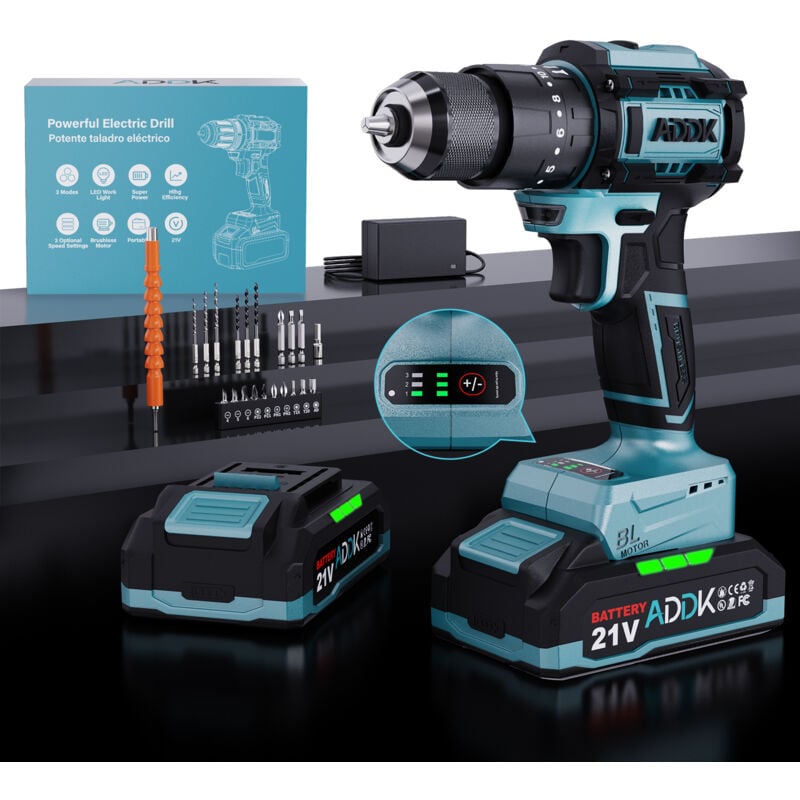 Perceuse sans fil, perceuse à percussion, moteur sans balais amélioré, 24 niveaux de couple et 3 modes d'impact, 350 w, avec éclairage led,