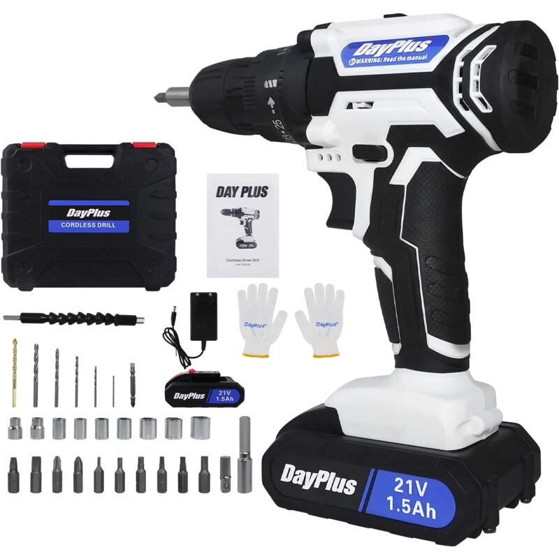 Perceuse sans fil perceuse à percussion perceuse à percussion 21V avec chargeur rapide sans fil, Batterie Lithium-ion 1x 1500mAh, mandrin 3/8',