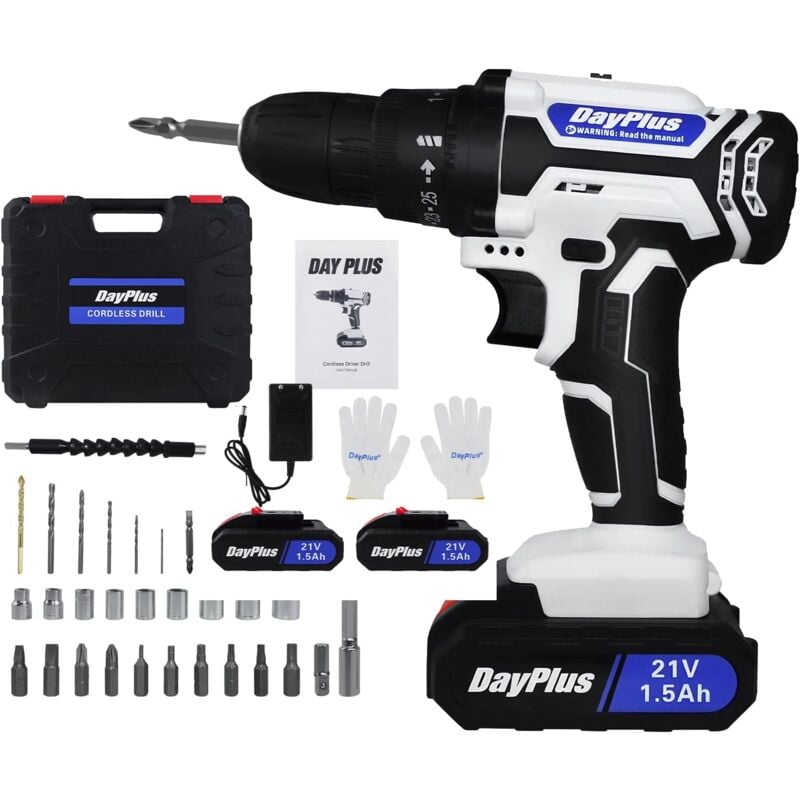 Perceuse sans fil perceuse à percussion perceuse à percussion 21V avec chargeur rapide sans fil, Batterie Lithium-ion 2x 1500mAh, mandrin 3/8',