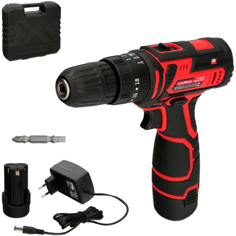 Perceuse-visseuse 12 v. Avec 2 vitesses et marteau. Batterie de 1 300 mAh. Couple de serrage 35 Nm.