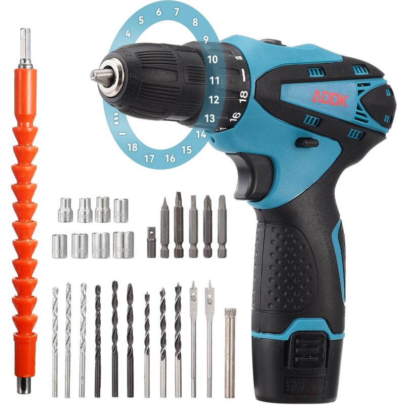 Perceuse visseuse 12 v, 1 vitesses variables, Avec 2 batteries 18V Li-Ion 1.50 Ah, réglage de couple 24 + 1, moteur brossé - Bleu