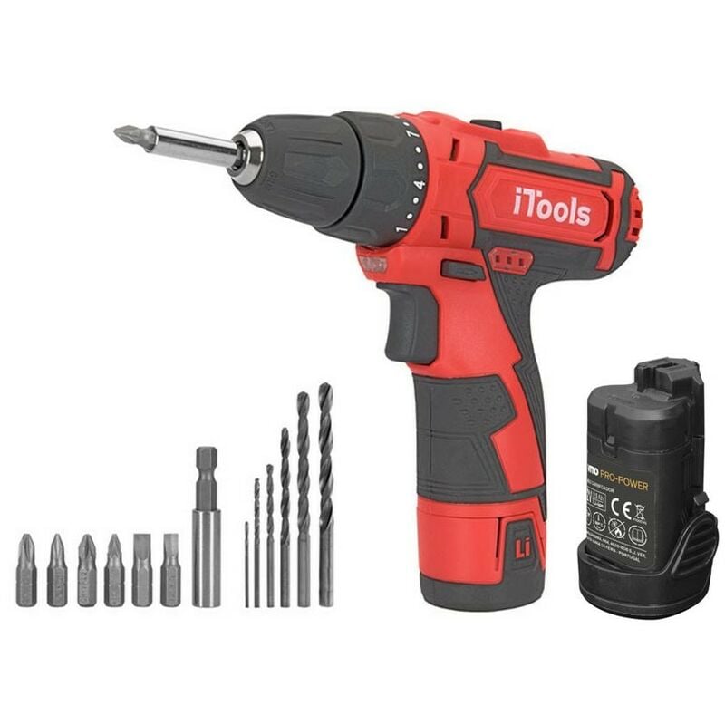 Visseuse sans fil 12V Batterie Lithium 1.5Ah led + Coffret 6 embouts de vissage + 6 forets + Adaptateur vito