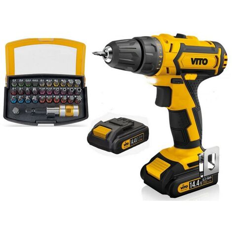 Perceuse Visseuse 14.4V + 2 Batteries Lithium 2Ah + Coffret 32 Embouts + Chargeur et Mallette VITO