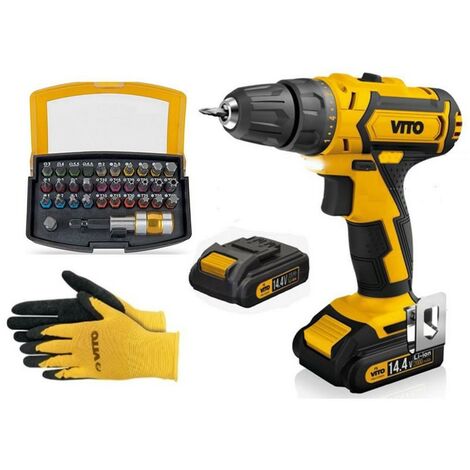 Perceuse Visseuse 14.4V + 2 Batteries Lithium 2Ah + Coffret 32 Embouts + Gants + Chargeur et Mallette VITO