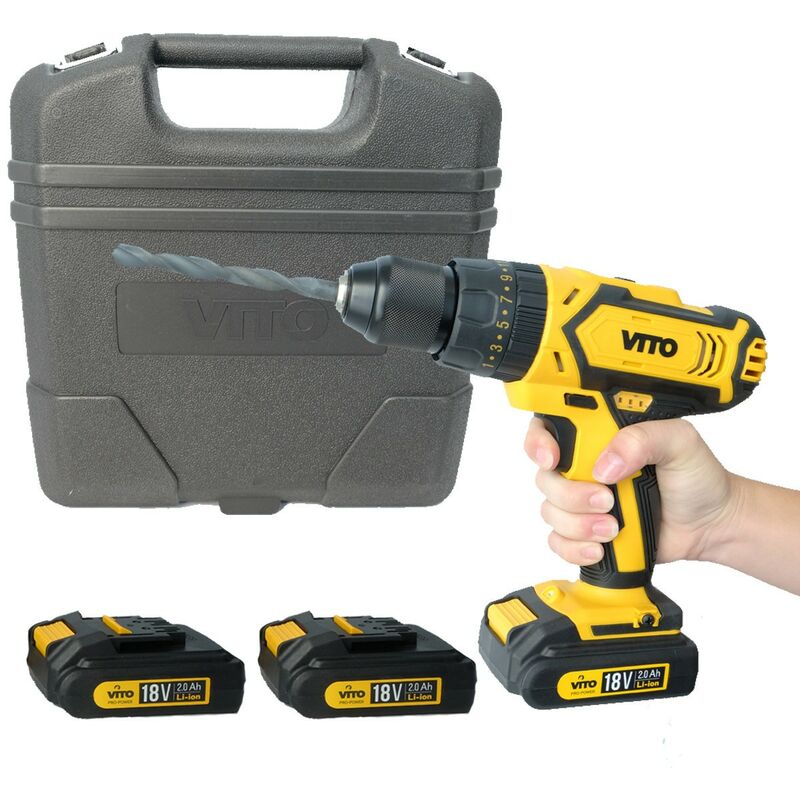 Perceuse visseuse 18V + 3 Batteries lithium 2,0Ah + Chargeur rapide Mallette 18 accessoires vito