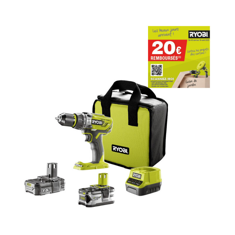Ryobi - Perceuse-visseuse 2 vitesses 18V oneplus - 2 Batteries LithiumPlus 4,0 Ah et 1,5Ah - 1 chargeur rapide - R18DD3 - 2415BS