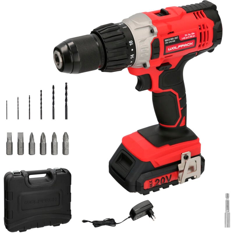 Perceuse-visseuse 20 v. Avec 2 vitesses et marteau. Batterie 2 Ah. Couple de serrage 50 Nm.