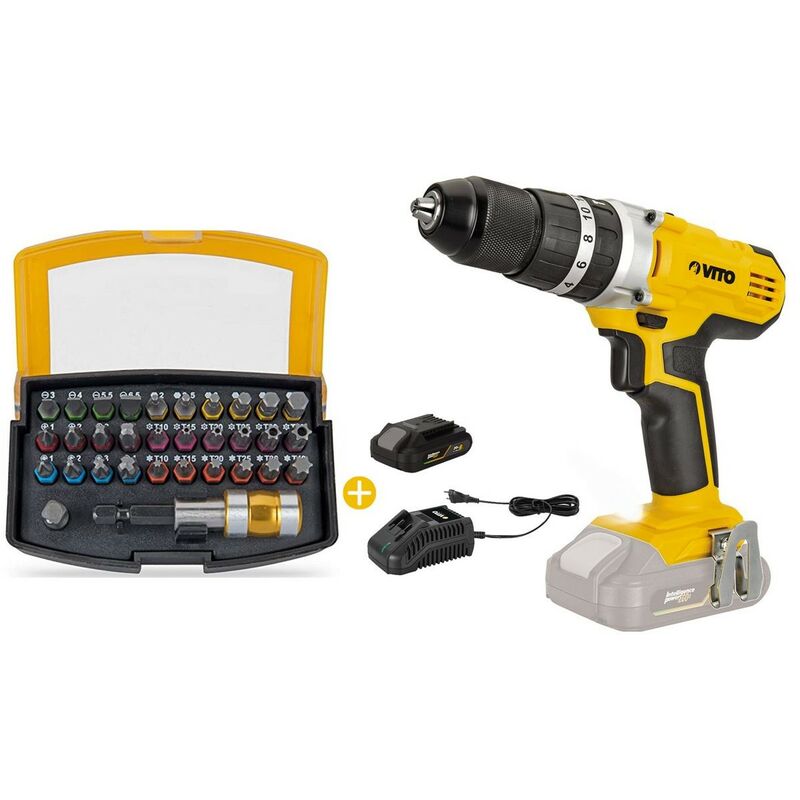 Perceuse sans fil 20V + Batterie 2AH Lithium + 32 embouts Vissage + Chargeur Rapide Vito