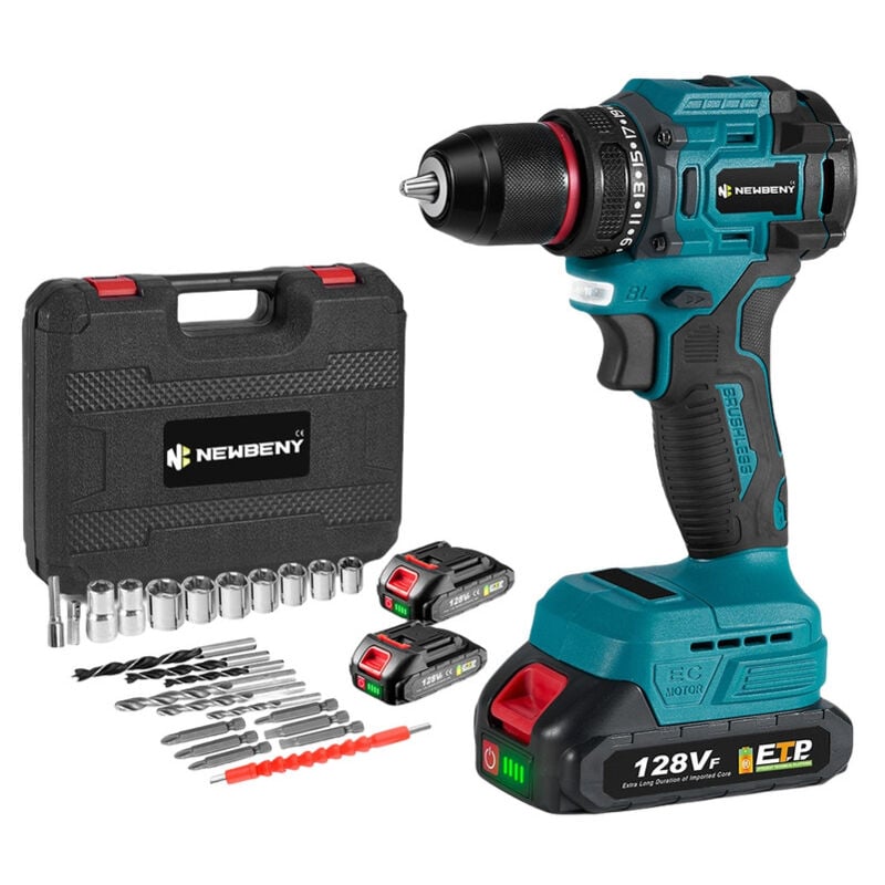 Perceuse visseuse à percussion 18V,21 vitesses réglables Perceuse Sans Fil,coffret avec deux batteries et 24 Accessoires