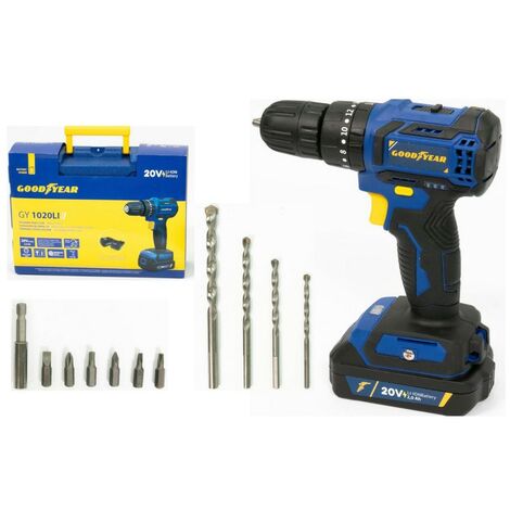 Perceuse visseuse à percussion 20V Brushless Batterie lithium 2,0Ah + 11 Accessoires Malette GOODYEAR