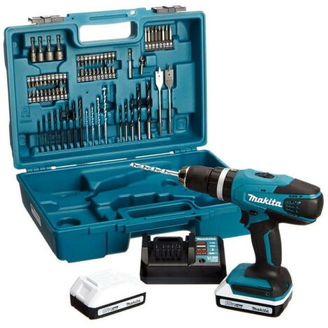 Makita HP 457 DWE10 Perceuse-visseuse à percussion sans fil 18 V G-Serie + 2x Batteries 1,5 Ah + Chargeur + 71 Pièces d'accessoires
