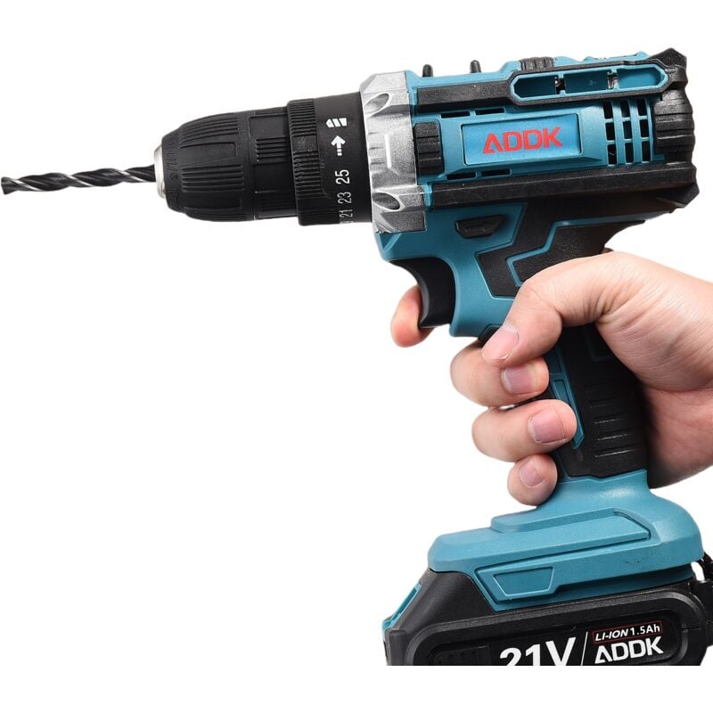 Perceuse visseuse à percussion, perceuse électrique 21 v, 2 vitesses variables, 2 jeu de piles, réglage de couple 18+1 - Bleu