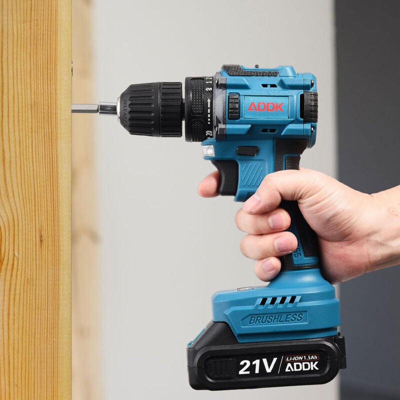 Perceuse visseuse à percussion, Perceuse sans balais 21 v 1500ml, 2 vitesses variables, 2 jeu de piles, réglage de couple 18+1 - bleu