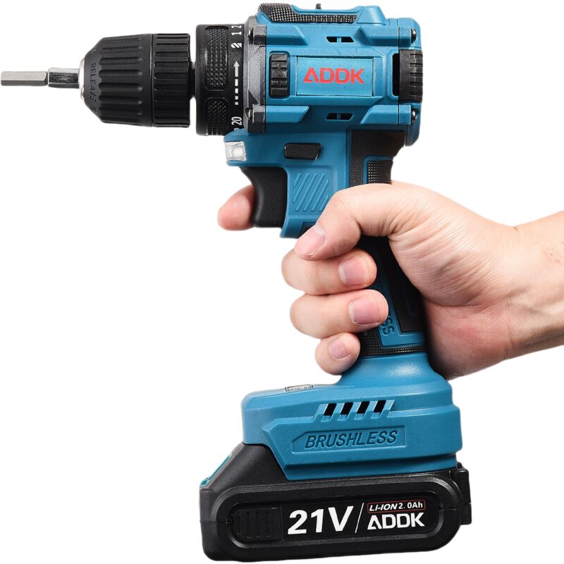 Perceuse visseuse à percussion, Perceuse sans balais 21 v 2000ml, 2 vitesses variables, 2 jeu de piles, réglage de couple 18+1 - Bleu