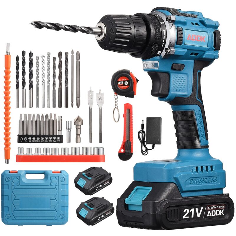 Perceuse visseuse à percussion, Perceuse sans balais 21 v 2000ml, 2 vitesses variables, 2 jeu de piles, réglage de couple 18+1 - bleu