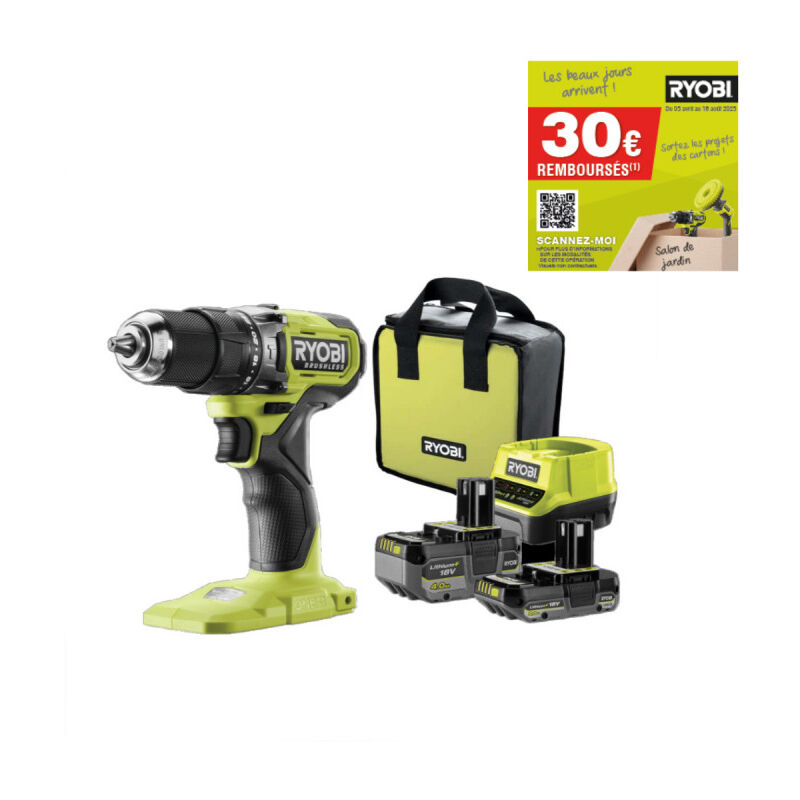 Perceuse-visseuse à percussion Ryobi 18V One+ Brushless - 1 batterie 4,0 Ah - 1 batterie 2.0 Ah - 1 chargeur - RPD18BL1-2C42S