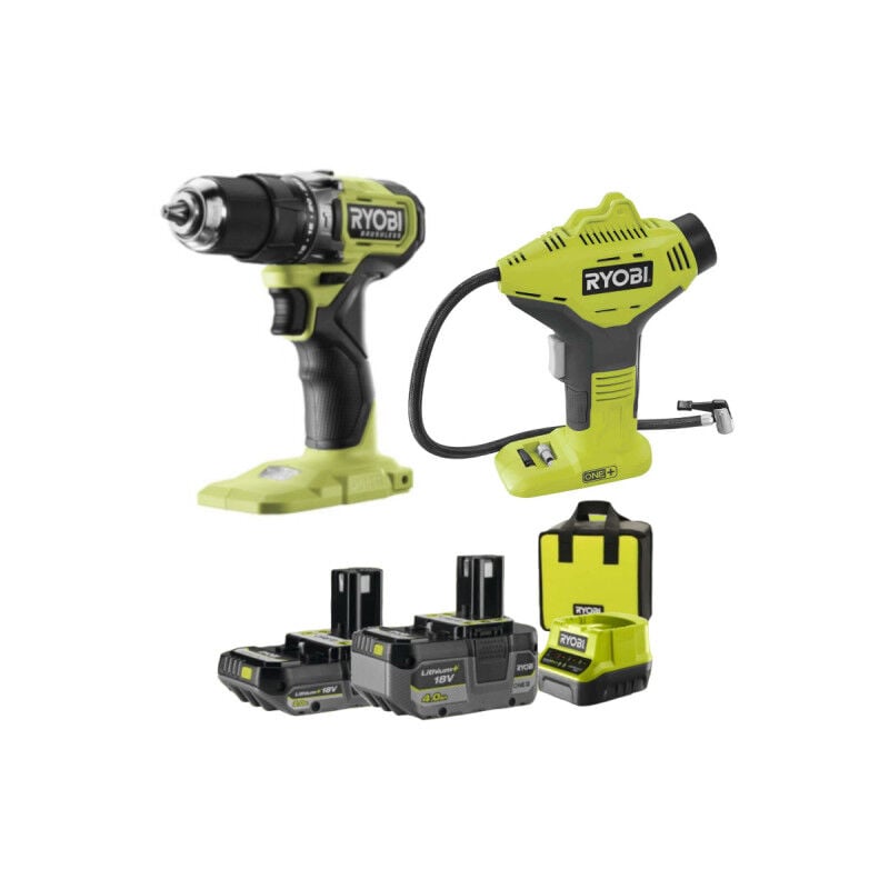 Ryobi - Perceuse-visseuse à percussion 18V One+ Brushless - Batteries 2,0 et 4,0Ah - Chargeur - Compresseur offert