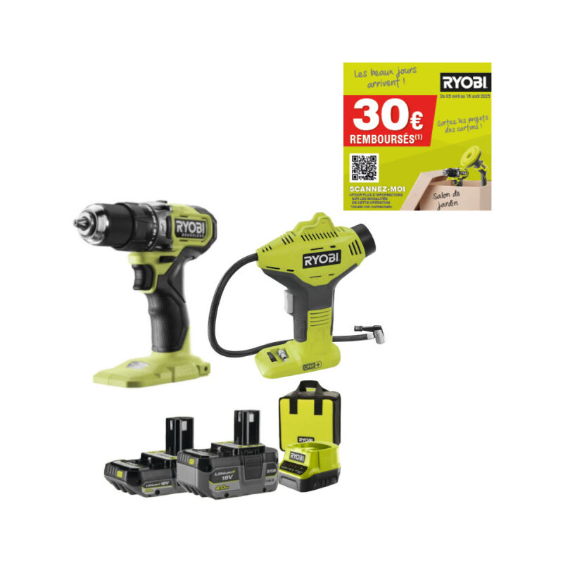 Perceuse-visseuse à percussion Ryobi 18V One+ Brushless - Batteries 2,0 et 4,0Ah - Chargeur - Compresseur offert
