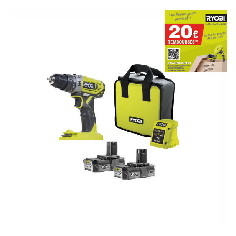 Perceuse-visseuse à percussion Ryobi One+ 18V - 2 batteries 2.0 Ah - 1 chargeur - R18PD2-220S