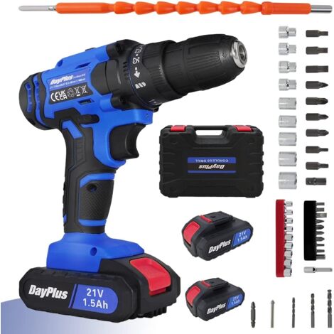 Perceuse-visseuse à percussion sans fil 45Nm, 21V 2x1.5Ah Batteries Li-Ion Tournevis électrique, perceuse-visseuse, chargeur rapide, vitesse maximale de 2900 tr/min, 2 vitesses, lumière LED