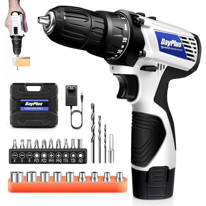 Hsha - Perceuse-Visseuse à Percussion sans Fil avec Lumières led, Batterie 1x1.5 Ah + Chargeur Inclus, 23 pièces accessoires - forets, embouts de