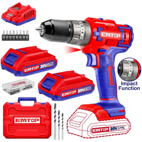 Perceuse visseuse à percussion sans fil emtop 20v avec 1 chargeur + 2 batteries lithium-ion 2.0ah 45nm 18+1+1 réglages de couple 2 vitesses led 55 accessoires 3 forets à maçonnerie boîte en plastique