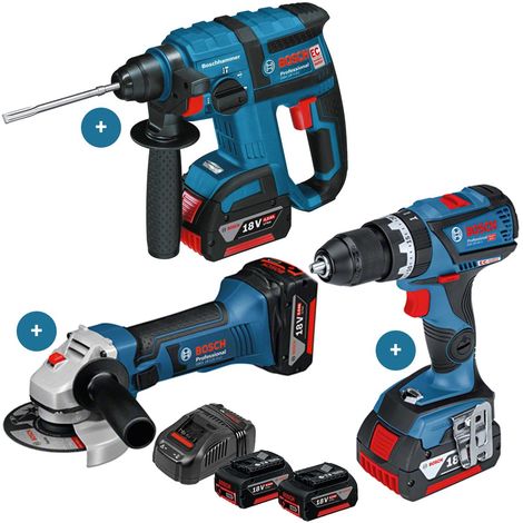 Perceuse visseuse BOSCH GSB 18V 60C + Meuleuse GWS18-125 + Marteau perfo GBH18V-EC + 2 Batteries 5,0 Ah + chargeur
