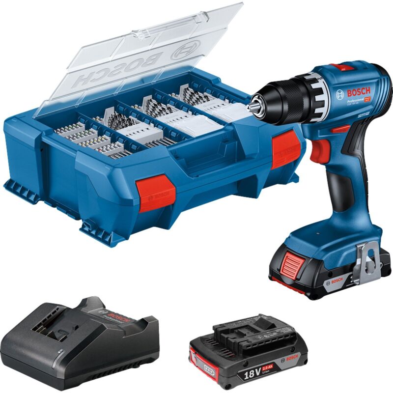 Perceuse visseuse Bosch professional GSR 18V + 2 batteries 2 0Ah + chargeur + 82 pieces en Case