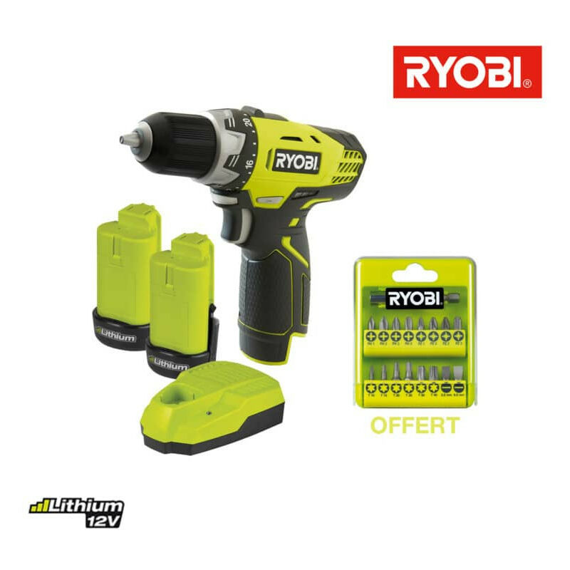 Perceuse Visseuse Compacte Ryobi 12v Lithium Ion 2 Batteries 1 3ah 1 Chargeur Coffret 17 Accessoires De Vissage Rcd12012la17 5133001821