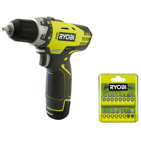 Perceuse-visseuse compacte RYOBI 12V Lithium-ion - 2 batteries 1.3Ah - 1 chargeur - Coffret 17 accessoires de vissage RCD12012LA17