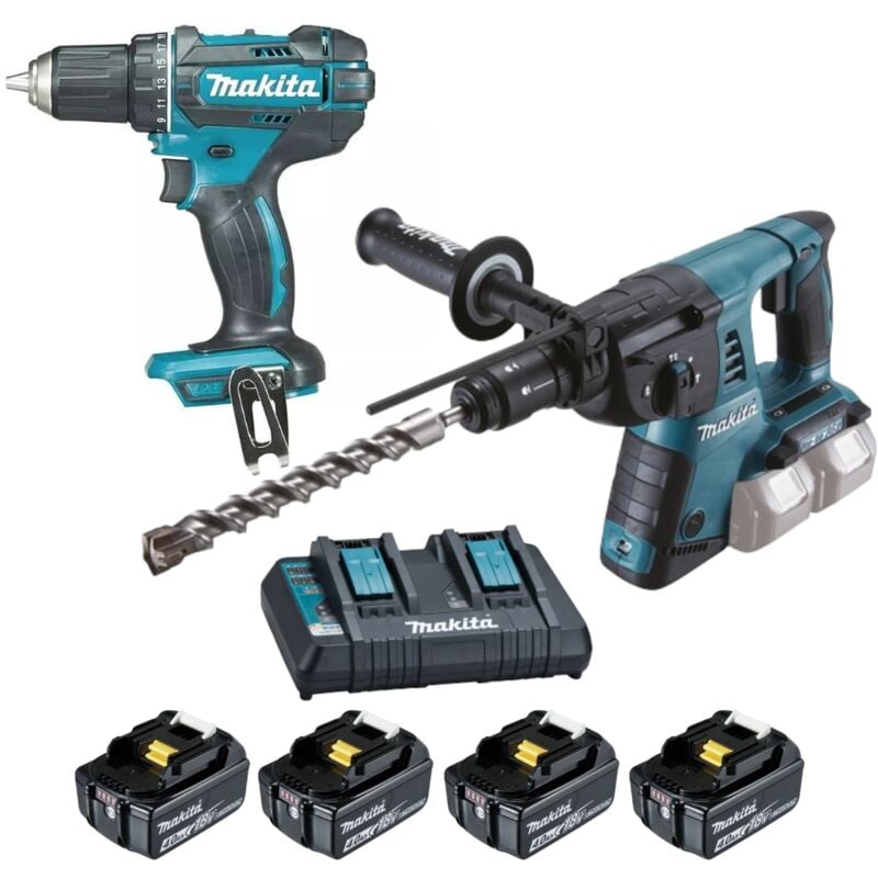 Perceuse visseuse DDF482 + Perforateur burineur sds-plus DHR264 Makita avec 4 batteries 18V 4.0Ah + chargeur double - LOT0234