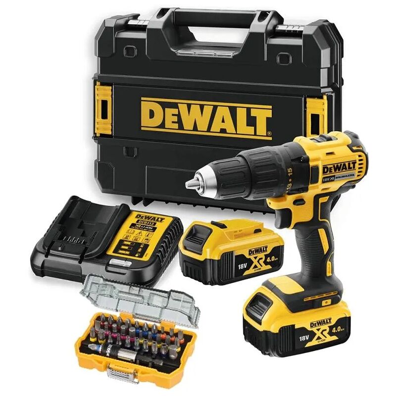 Perceuse visseuse 18V xr - 2 batteries 18v 4.0Ah + chargeur + coffret d'embouts 32pcs + coffret Tstak - DCD777M2TA - Dewalt