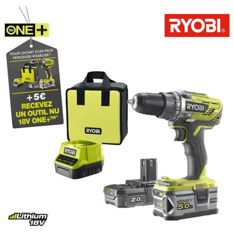 Perceuse-visseuse RYOBI 18 V OnePlus 2 batteries LithiumPlus 2.0Ah et 5.0Ah - chargeur rapide 2.0 Ah R18DD3-252S