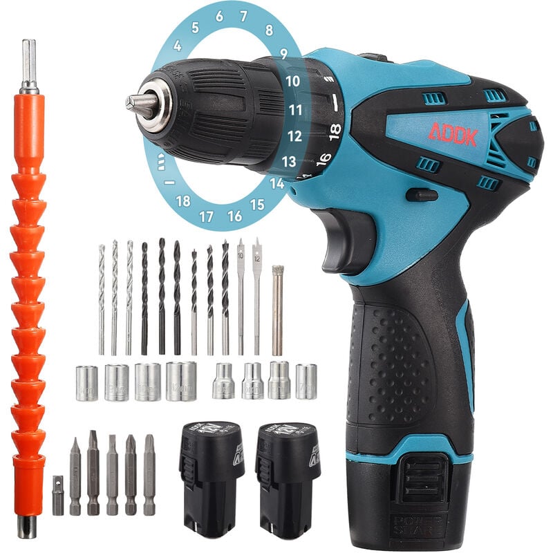 Fortuna Lai - Perceuse visseuse sans fil 12V, 2 x 1500mAh batteries lithium, moteur brossé, 18+1 réglages de couple, 2 vitesses, 30accessoires +