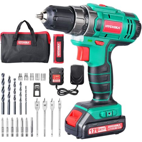Perceuse-visseuse sans fil 12V – Couple 30N.m – 21 réglages de couple – 2 vitesses – 6 forets hélicoïdaux et accessoires inclus – Hychika - FIL 30 N