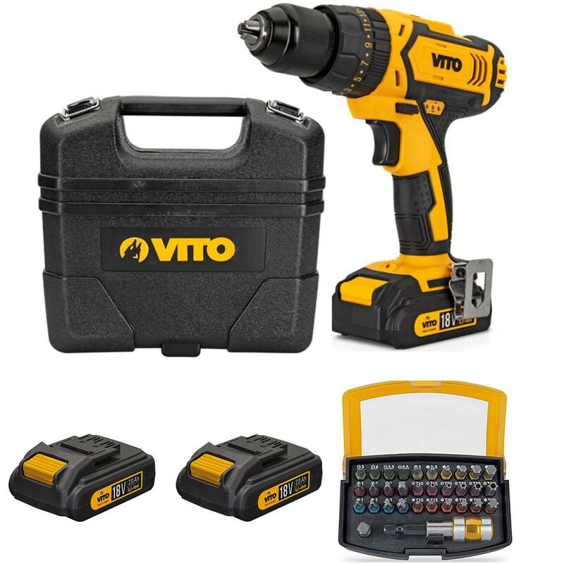 Perceuse sans fil 18V 2 Batteries Lithium 2Ah + Chargeur + Coffret de vissage 32 pièces Vito